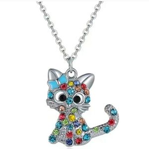Rhinestone Silver Cat Pendant Necklace, NWOT